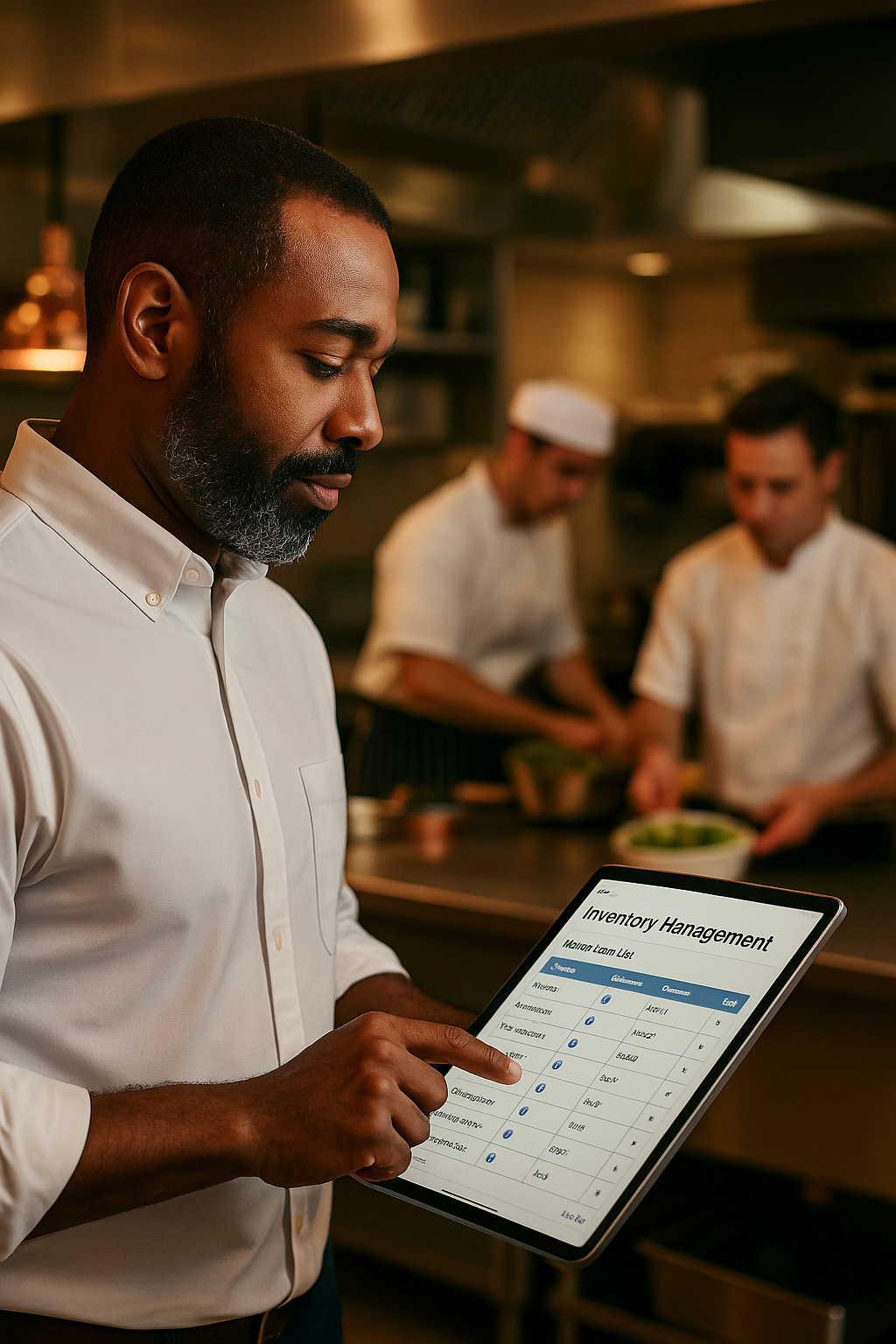 Chef using WookAI’s restaurant inventory and food cost control software to manage item-level pricing and supplier data in a busy kitchen.