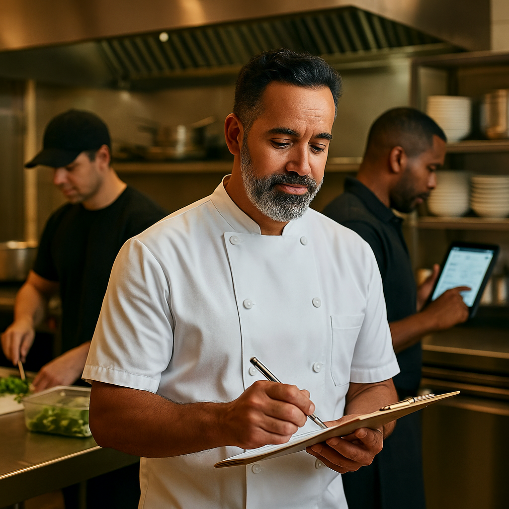 Chef using restaurant prep management software in a commercial kitchen with WookAI
